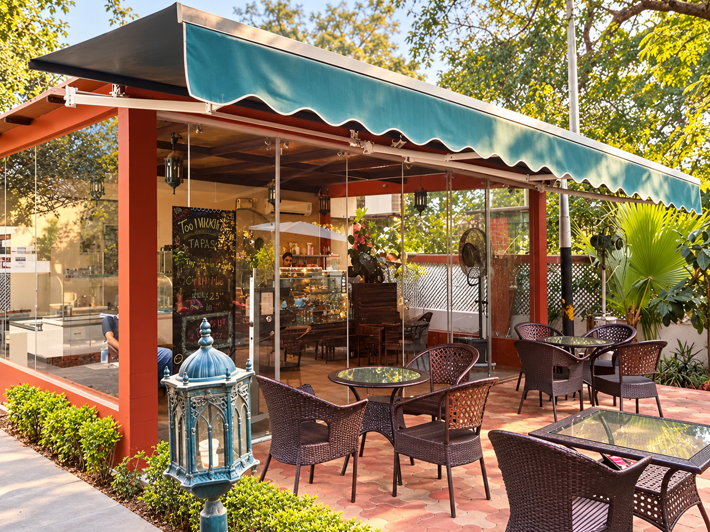 The sunlit terrace and green awning at Too Mikkii Tapas