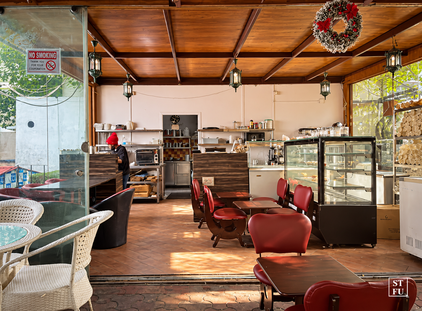 Coffee counter and indoor seating in Chanakyapuri